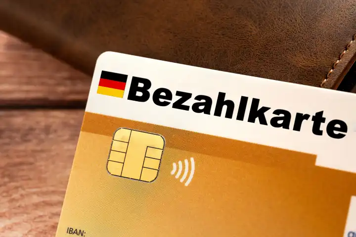 EC-Karte neben einem Geldbeutel mit einer Deutschland Flagge und der Aufschrift: Bezahlkarte. Symbolbild Bezahlkarte oder Social Card für Asylbewerber. FOTOMONTAGE