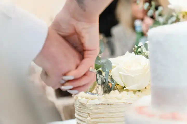 Augsburg, Bavaria, Germany - January 19, 2024: Bride and groom cut the wedding cake together