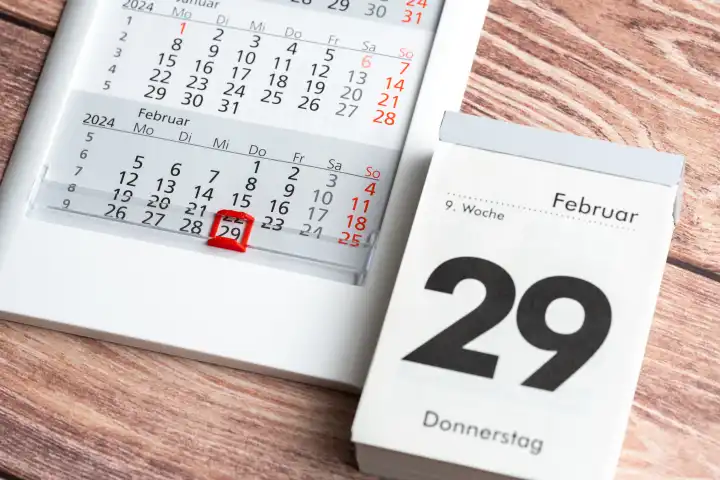 Augsburg, Bavaria, Germany - February 24, 2024: Leap Year, Two calendars with date February 29