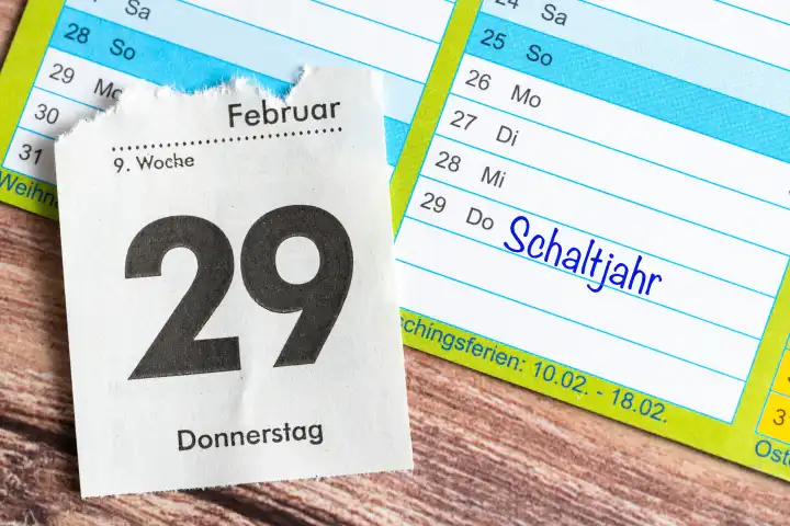 Kalender mit Datum 29 Februar, Schriftzug: Schaltjahr. FOTOMONTAGE