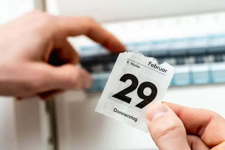 Schaltjahr, Ein Mann hält ein Kalenderblatt mit Datum 29. Februar vor einem elektrischen Schaltschrank