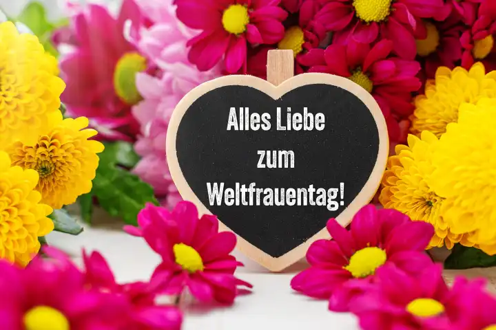 Weltfrauentag, Symbolbild am 08 März. Blumenstrauß mit einem Herz und Aufschrift: Alles Liebe zum Weltfrauentag! FOTOMONTAGE