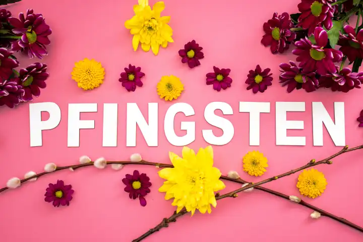 Pfingsten, Gruß zu Pfingsten Text pinkem Hintergrund dekoriert mit bunten Blumen