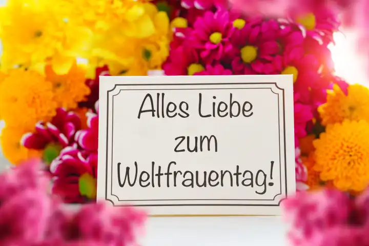 Weltfrauentag, Symbolbild am 08 März. Blumenstrauß mit einer Grußkarte und Aufschrift: Alles Liebe zum Weltfrauentag! FOTOMONTAGE