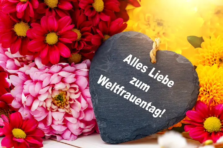 Weltfrauentag, Symbolbild am 08 März. Blumenstrauß mit einem Herz und Aufschrift: Alles Liebe zum Weltfrauentag! FOTOMONTAGE