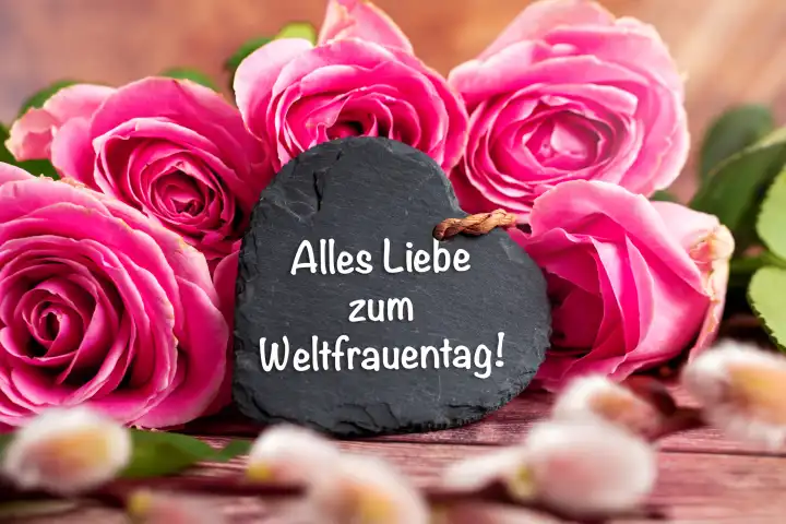 Weltfrauentag, Gruß: Alles Liebe zum Weltfrauentag, auf einem Herz neben pinken Rosen Blumen. FOTOMONTAGE