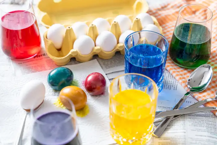 Ostereier Färben Konzept, Tisch mit Zeitung ausgelegt darauf Eierfarben in Gläsern und bunte Eier zu Ostern