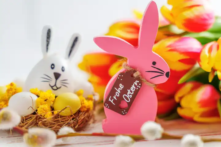 Frohe Ostern! Ostergrüße auf einem pinken Osterhasen aus Holz neben Blumen Dekoration