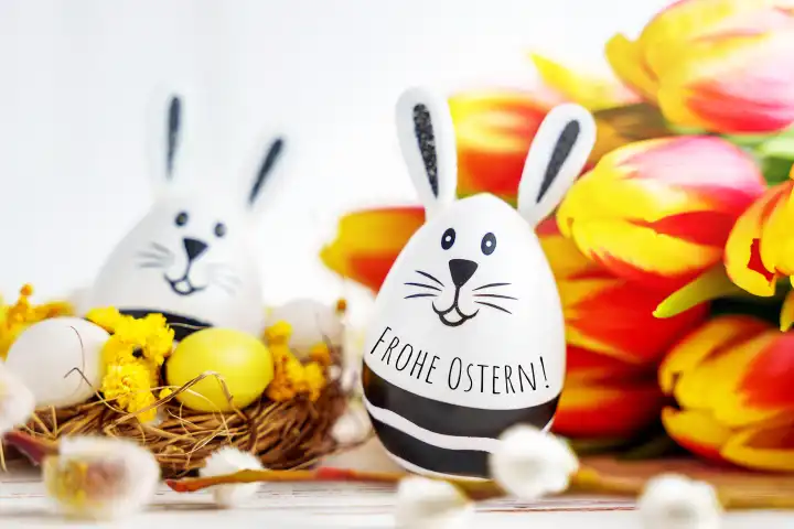 Frohe Ostern! Gruß auf einem Ei mit Osterhasen Ohren und Gesicht neben bunten Tulpen Blumen. FOTOMONTAGE