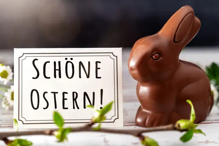 Schöne Ostern! Schriftzug auf einer Grußkarte neben einem Osterhase aus Schokolade. FOTOMONTAGE