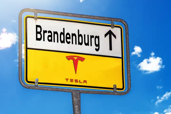 Ortsschild mit Tesla Logo und der Aufschrift: Brandenburg. FOTOMONTAGE