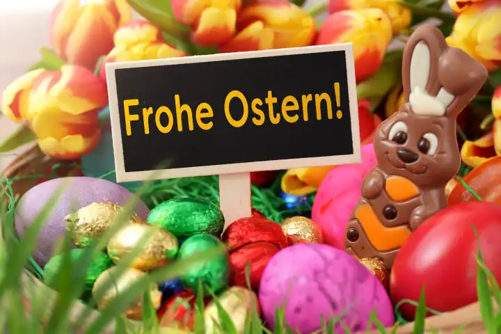 Frohe Ostern! Gruß auf einem Schild in einem bunt gefüllten Osternest mit Ostereiern, Schokolade und Tulpen. FOTOMONTAGE