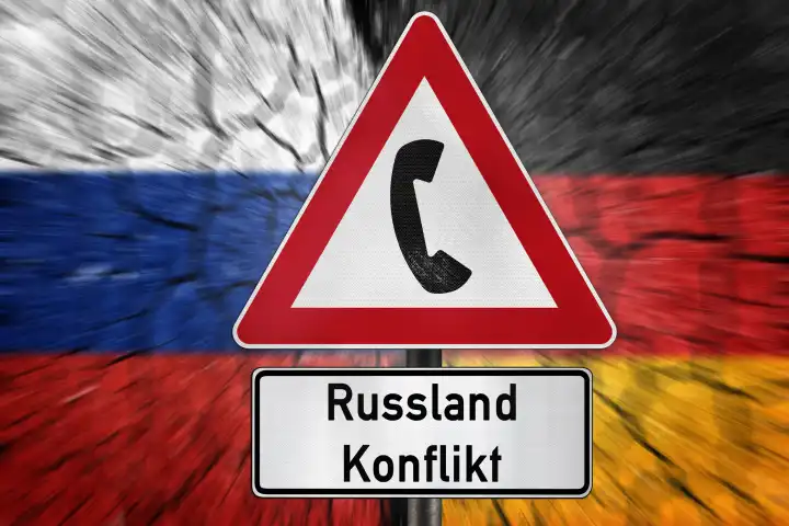 Abhörskandal Russland Deutschland über Taurus Marschflugkörper, Länderflaggen mit einem Schild mit Telefonhörer und Aufschrift: Russland Konflikt. FOTOMONTAGE
