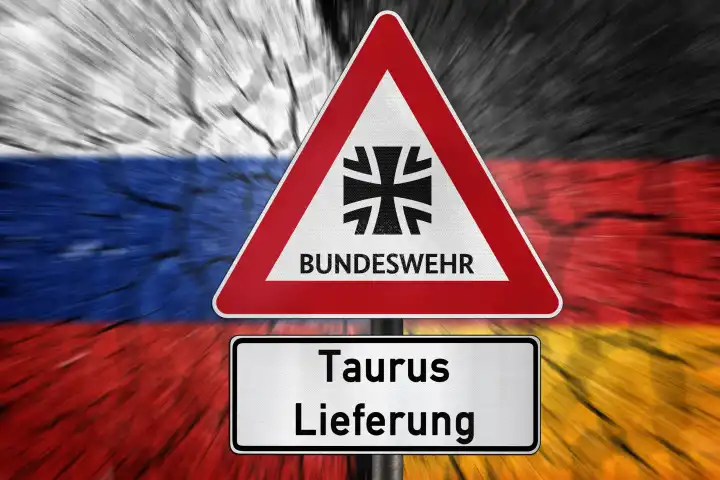 Abhörskandal Russland Deutschland über Taurus Marschflugkörper, Länderflaggen mit einem Schild mit Logo der Deutschen Bundeswehr und Aufschrift: Taurus-Lieferung. FOTOMONTAGE