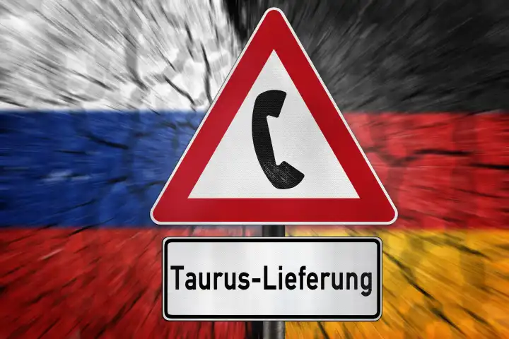 Abhörskandal Russland Deutschland über Taurus Marschflugkörper, Länderflaggen mit einem Schild mit Telefonhörer und Aufschrift: Taurus-Lieferung. FOTOMONTAGE