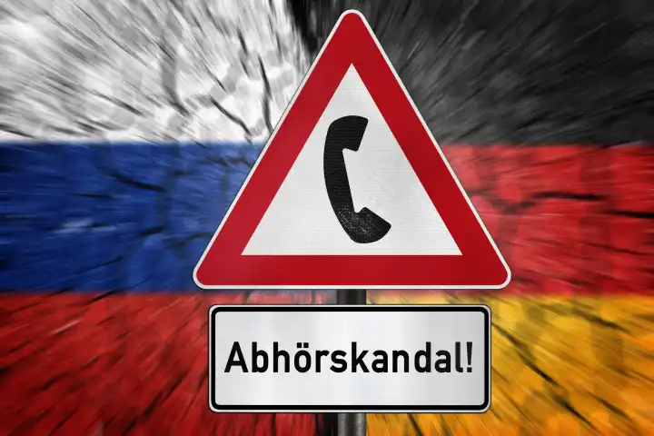 Abhörskandal Russland Deutschland über Taurus Marschflugkörper, Länderflaggen mit einem Schild mit Telefonhörer und Aufschrift: Abhörskandal! FOTOMONTAGE