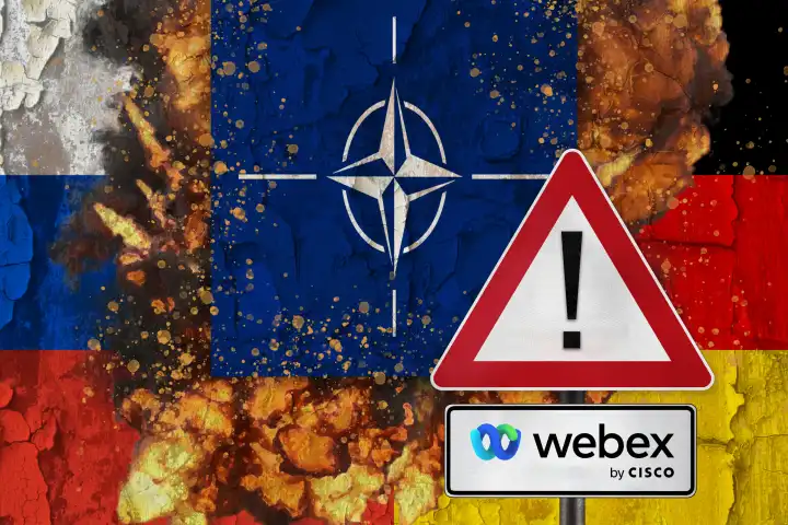 Russland, Deutschland und Nato Fahne vor Explosionen, vor Schild mit Webkonferenz-Unternehmen WebEx Logo. Abhörskandal der Bundeswehr. FOTOMONTAGE