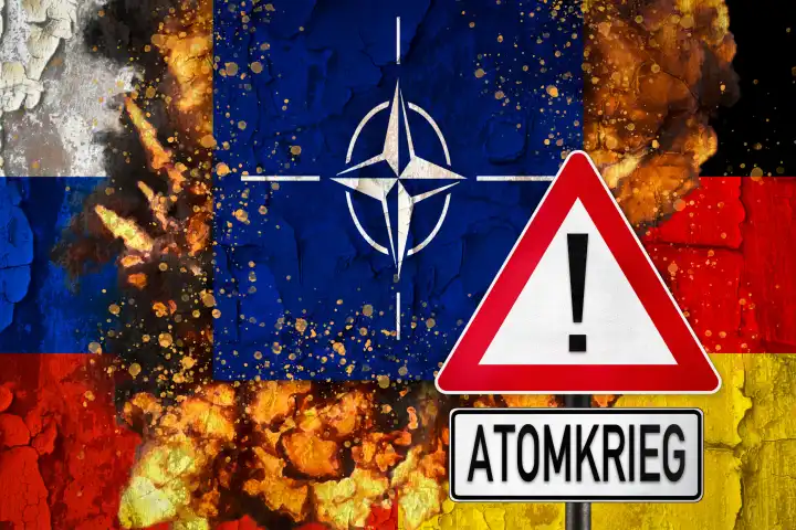 Russland, Deutschland und Nato Fahne vor Explosionen, vor Schild mit Schrift: ATOMKRIEG. Abhör-Skandal der Bundeswehr durch Putins Geheimdienst. FOTOMONTAGE