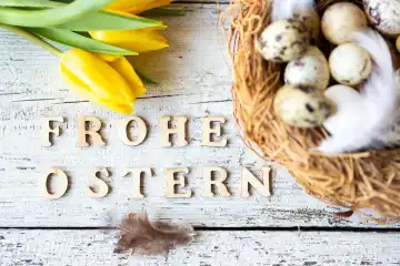 3 March 2024: Happy Easter, lettering next to an Easter nest with eggs