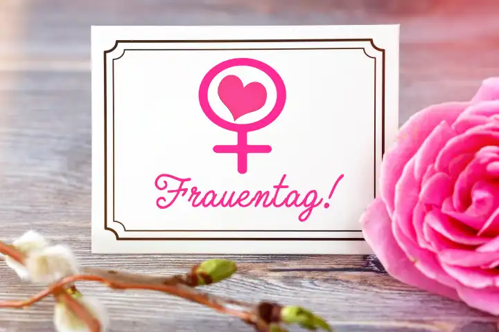 Grußkarte mit Aufschrift: Frauentag, neben einer rosa Blume. FOTOMONTAGE