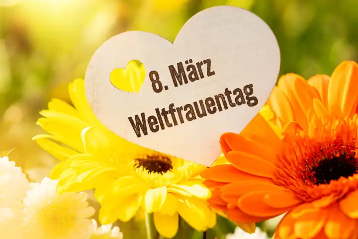 Holzherz vor blühenden Blumen bei Sonnenschein mit Aufschrift: 8 März Weltfrauentag. FOTOMONTAGE
