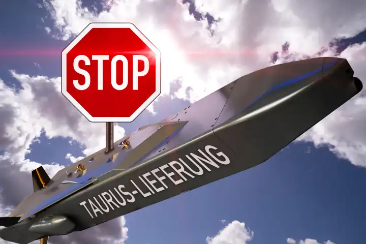 Stop-Schild auf Lenkflugkörper bzw. Marschflugkörper Taurus in der Luft vor Himmel als Symbol für die Debatte der Waffenlieferung Taurus von Deutschland an die Ukraine. FOTOMONTAGE