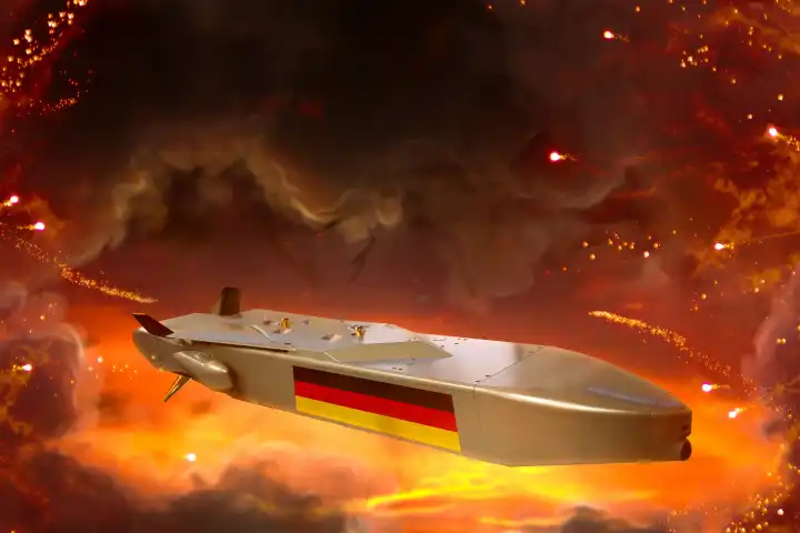 Germany - March 7, 2024: Guided missile or cruise missile Taurus with German flag in the air against a red sky as a symbol of the debate about the Taurus delivery in the wiretapping scandal from Germany to Ukraine. PHOTOMONTAGE