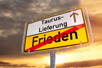 Germany - March 7, 2024: Sign for Taurus delivery in front of a dark sky with peace crossed out, as a sign of the escalation in the conflict over the Taurus arms delivery from Germany to Ukraine. PHOTOMONTAGE