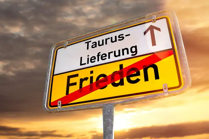 Germany - March 7, 2024: Sign for Taurus delivery in front of a dark sky with peace crossed out, as a sign of the escalation in the conflict over the Taurus arms delivery from Germany to Ukraine. PHOTOMONTAGE