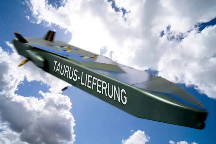 Lenkflugkörper bzw. Marschflugkörper Taurus in der Luft im Himmel als Symbol für die Debatte der Taurus Lieferung von Deutschland an die Ukraine. FOTOMONTAGE