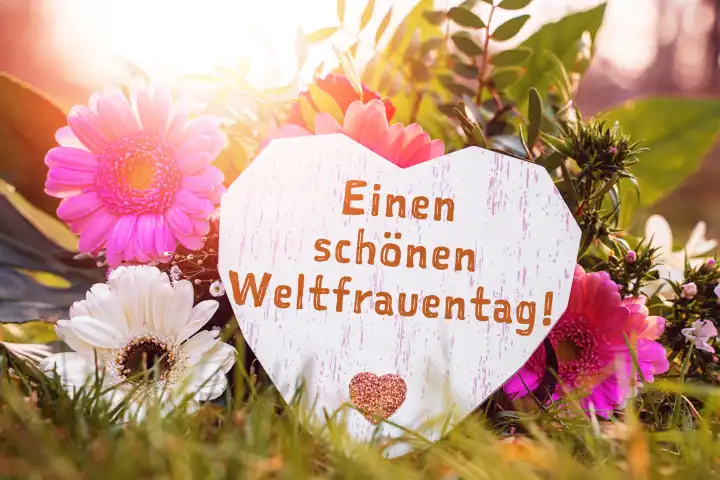 Bavaria, Germany - March 8, 2024: Happy International Women's Day. Greeting for Women's Day on a wooden heart outdoors in the sunshine on a flower arrangement. PHOTOMONTAGE