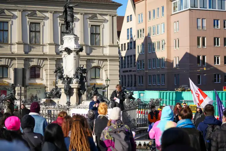 Augsburg, Bavaria, Germany - March 8, 2024: Demonstration for International Women's Day on March 8 in Augsburg under the motto: Antifascist is only feminist