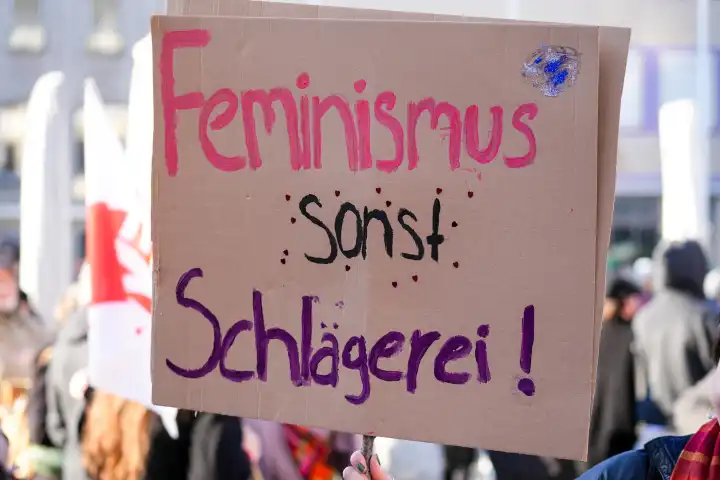 Augsburg, Bavaria, Germany - March 8, 2024: Demonstration for International Women's Day on March 8 in Augsburg under the motto: Antifascist is only feminist