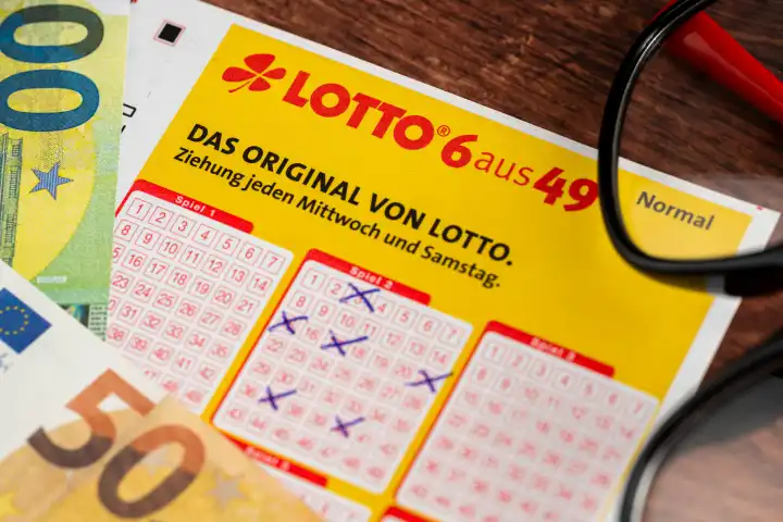 Lottoschein von Lotto 6 aus 49 mit ausgefüllten Tippfeldern und Euro Geldscheinen. Glücksspiel Lotterie
