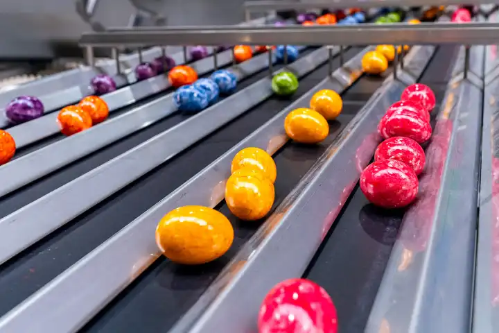 Thannhausen, Bavaria, Germany - 10 March 2024: Brightly colored eggs move along a conveyor belt at the Beham egg dyeing plant in Thannhausen, Bavaria. Production is running at full speed right before Easter