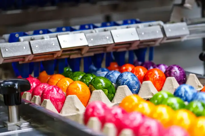 Thannhausen, Bavaria, Germany - 10 March 2024: Brightly colored eggs move along a conveyor belt at the Beham egg dyeing plant in Thannhausen, Bavaria. Production is running at full speed right before Easter