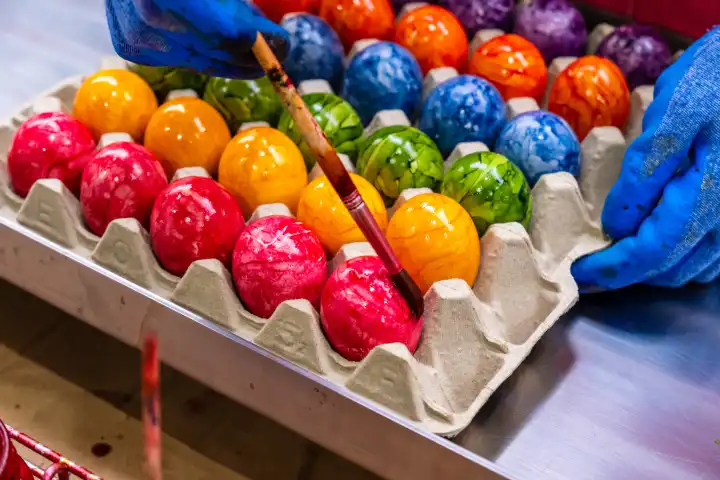 Thannhausen, Bavaria, Germany - 10 March 2024: Employee on the assembly line at the Beham egg dyeing plant in Thannhausen in Bavaria paints dyed Easter eggs with brush and paint according to