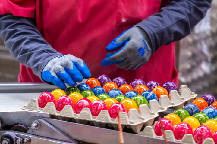 Thannhausen, Bavaria, Germany - 10 March 2024: Employee on the assembly line at the Beham egg dyeing plant in Thannhausen in Bavaria sorts Easter eggs by color