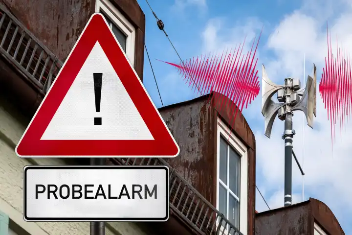 Sirenen über den Hausdächern in einem Dorf, daneben ein Schild mit Text: Probealarm - Konzept zum Warntag. FOTOMONTAGE