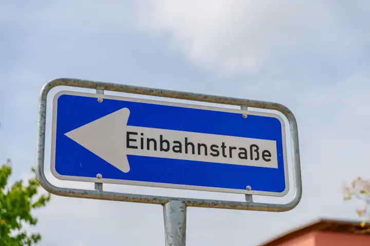 Langweid, Bavaria, Germany - August 18, 2022: Traffic sign one-way street