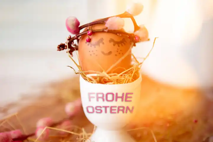 March 14, 2024: Happy Easter! Greeting on an egg cup with a painted Easter egg with face and crown. PHOTOMONTAGE