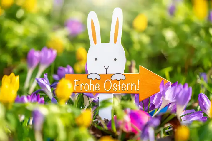 Osterhase in einer Wiese mit blühenden Blumen der ein Schild hält mit Aufschrift: Frohe Ostern! FOTOMONTAGE