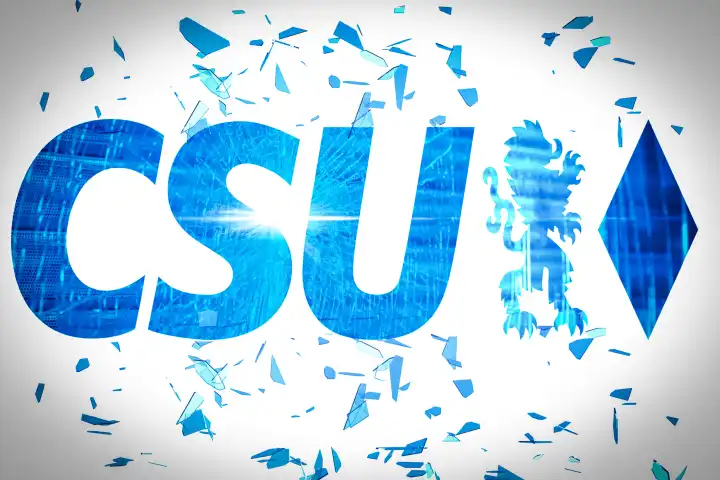 Logo der Partei CSU - Christlich-Soziale Union in Scherben vor zerbrochener / zerschlagener Fensterscheibe. Symbolbild für Uneinigkeit, Skandale, Kritik im Zusammenhang mit der bayrischen CSU-Partei. FOTOMONTAGE
