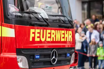 Schwabmünchen, Bavaria, Germany - March 17, 2024: Fire department emergency vehicle, lettering and logo on the rescue vehicle.Displayed with many fire engines at the Schwabmünchen spring festival