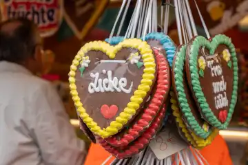 Schwabmünchen, Bavaria, Germany - March 17, 2024: Gingerbread heart with inscription, Zicke, at a folk festival at a confectionery stand
