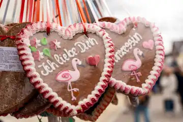 Schwabmünchen, Bavaria, Germany - March 17, 2024: Gingerbread heart with inscription, I love you, at a folk festival at a confectionery stand