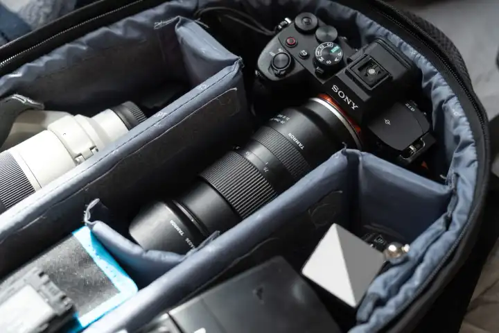 Sony A7 IV Kamera mit Objektiv und Foto Zubehör in einem Kamerarucksack