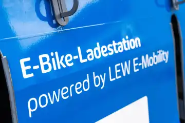 Schwabmünchen, Bavaria, Germany - March 17, 2024: E-bike charging station for charging e-bike batteries from LEW in Schwabmünchen