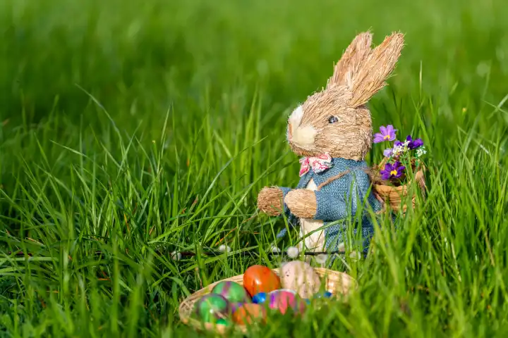 Augsburg, Bavaria, Germany - 19 March 2024: Easter bunny with an Easter nest filled with colorful eggs in a green meadow