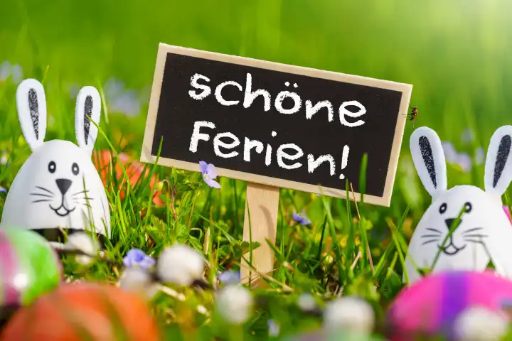 Schöne Ferien! Schriftzug auf einer Tafel in einer grünen Wiese neben bunten Ostereiern und Eiern mit Hasengesicht. FOTOMONTAGE 
